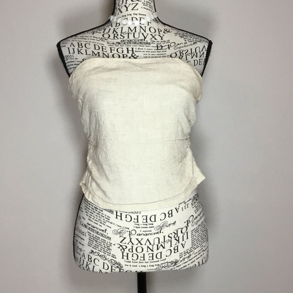 Cream linen blend tube top gauzy raunched sides festival beach hippie boho S